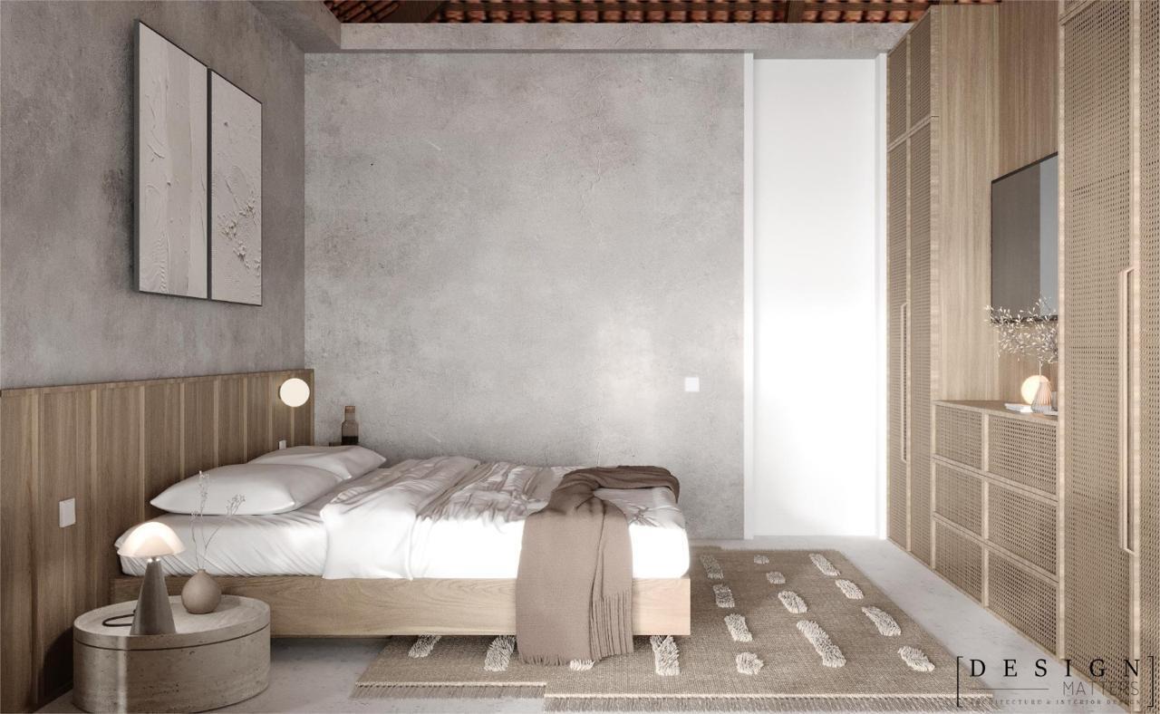 This rendering shows a bedroom with a concrete wall, wood headboard, and rattan wardrobe cabinetry — 350 Bluff Bch Rd, Bocas Del Toro,, FL