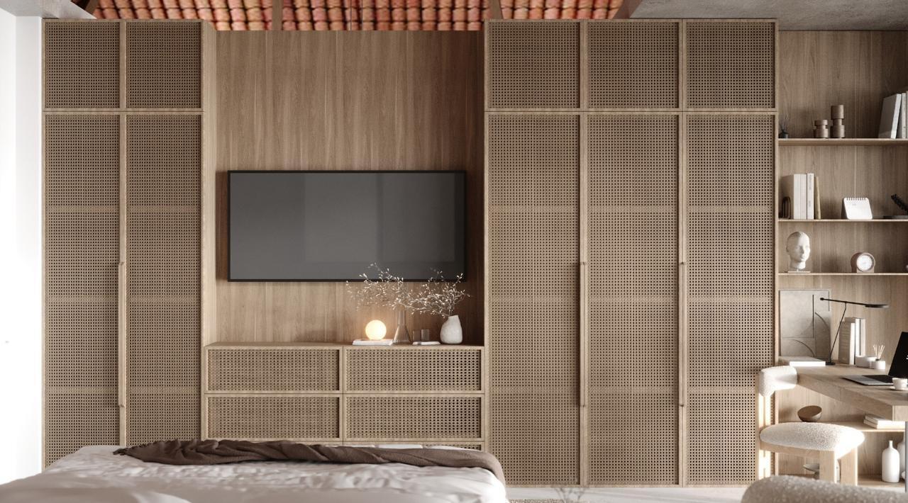 This rendering shows a bedroom featuring a wall-to-wall wooden storage unit with cane-paneled doors — 350 Bluff Bch Rd, Bocas Del Toro,, FL