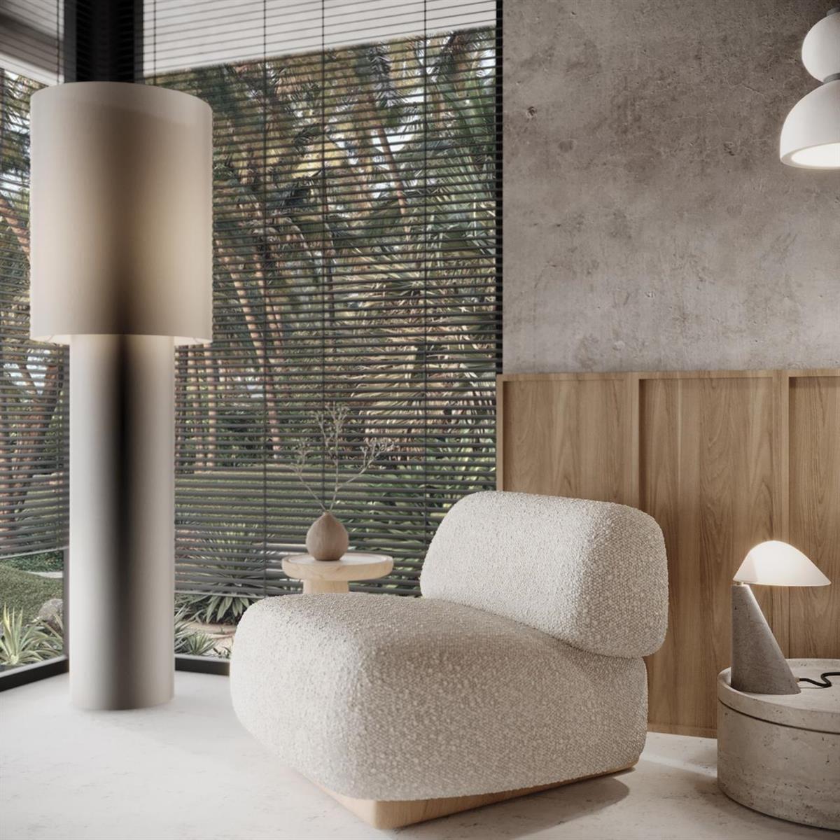 This rendering shows a modern lounge area with a textured armchair, floor lamp, and blinds — 350 Bluff Bch Rd, Bocas Del Toro,, FL