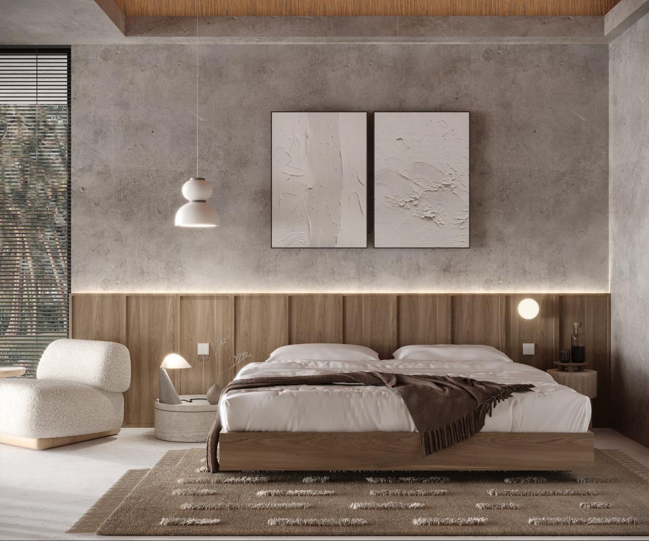 A rendering of a modern bedroom featuring a wood-paneled headboard, concrete walls, and textured artwork — 350 Bluff Bch Rd, Bocas Del Toro,, FL