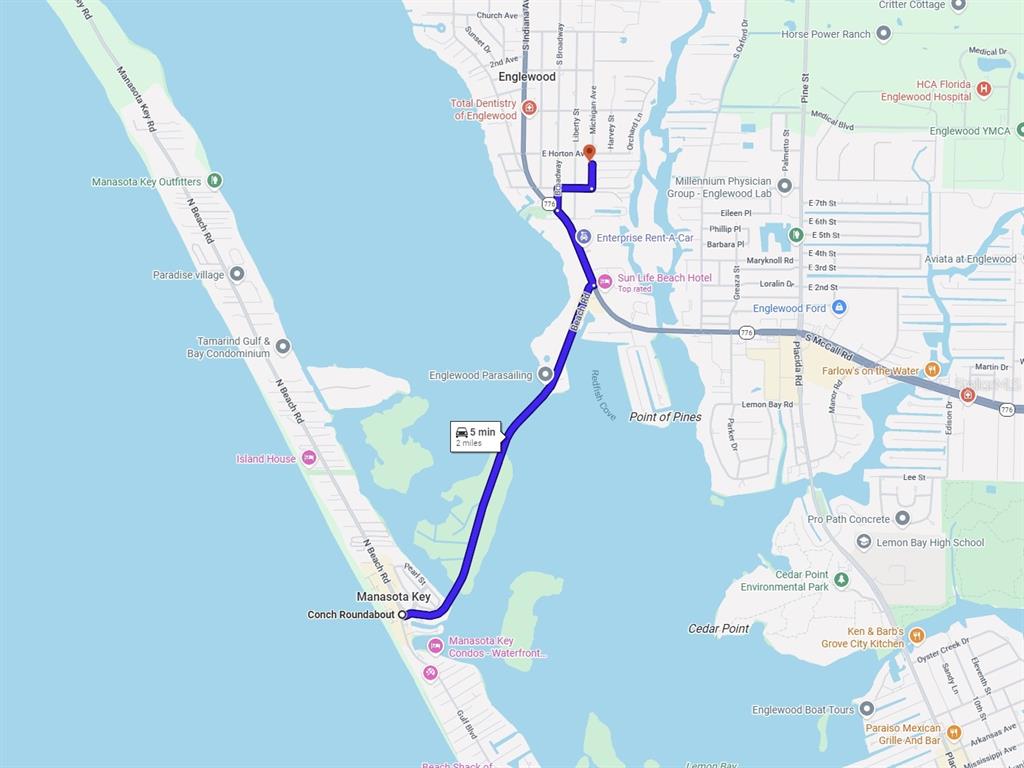 This is a map showing a driving route in Englewood, Florida — Lot 18 MICHIGAN AVENUE, ENGLEWOOD, FL