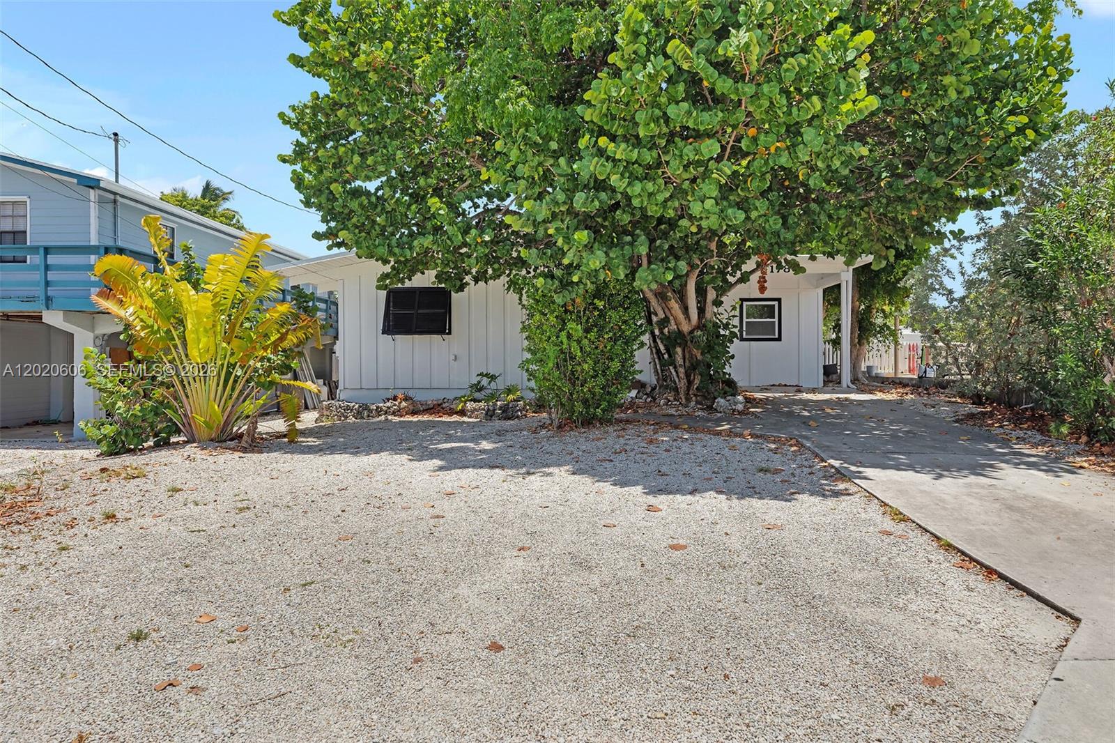 A white single-story house with a gravel driveway and a large tree in the yard — 178 Coral Ave, Tavernier FL 33070, TAVERNIER, FL