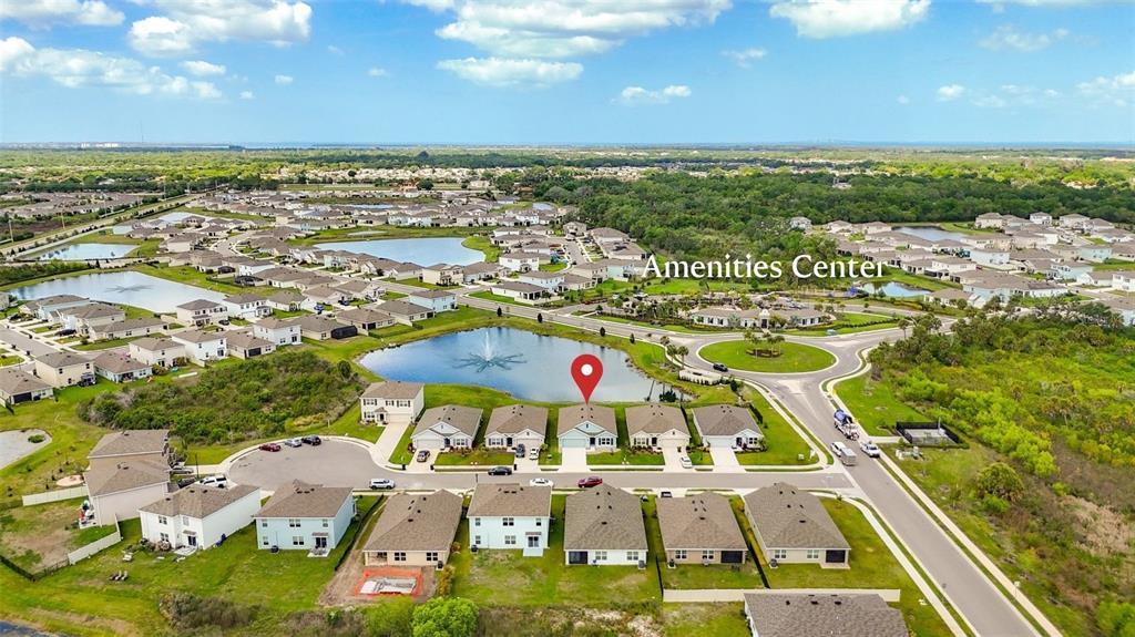 An aerial view shows a suburban neighborhood with houses surrounding a central pond — 5209 SONG SPARROW TERRACE, PALMETTO, FL