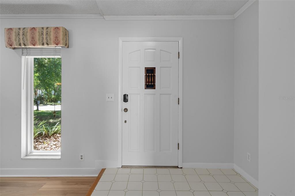 An entryway features a white front door, a tall narrow window, and tiled flooring — 5519 FULMAR DRIVE, TAMPA, FL