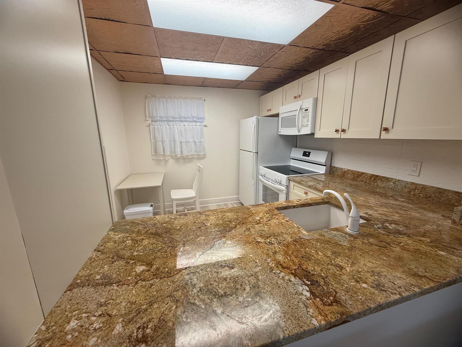 A kitchen features granite countertops, white cabinetry, and a decorative copper-colored ceiling — 2601 NE 3rd Court # 202, Boynton Beach FL 33435, BOYNTON BEACH, FL