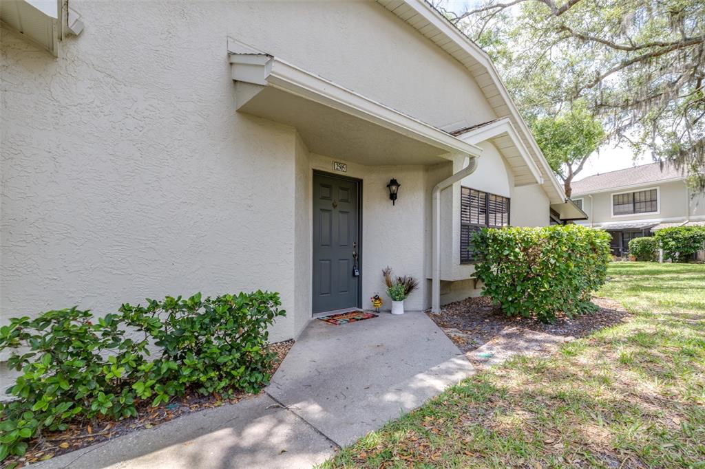 A beige stucco exterior features a gray front door, a concrete walkway, and green landscaping — 5100 BURCHETTE ROAD UNIT 2505, TAMPA, FL