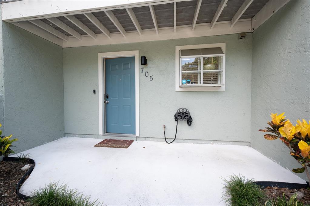 A light green exterior wall features a blue front door and a small window — 4411 SW 34TH STREET UNIT 705, GAINESVILLE, FL
