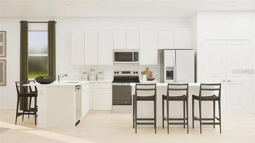 This is a rendering of a modern kitchen featuring white cabinetry, stainless appliances, and an island — 5621 FIONA LANE, ST CLOUD, FL