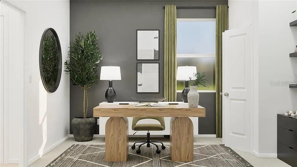 This rendering shows a home office with a wooden desk, gray accent wall, and rug — 5621 FIONA LANE, ST CLOUD, FL