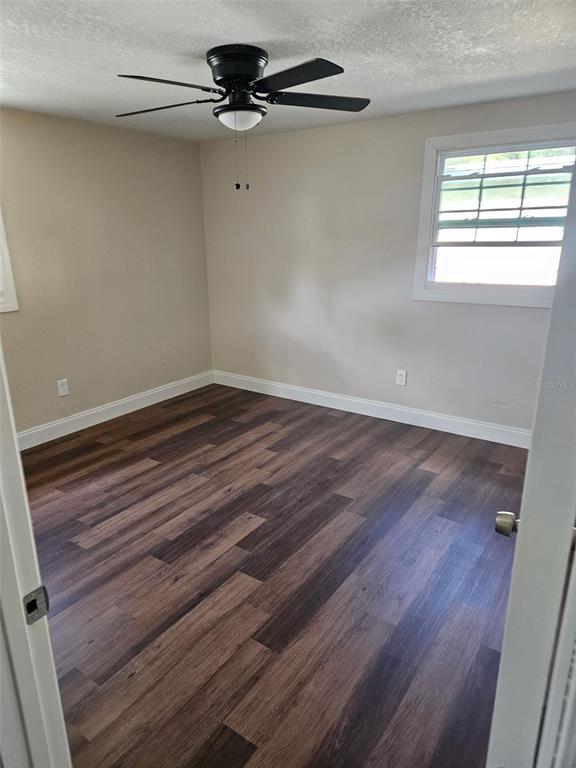 An empty bedroom features light-colored walls, a ceiling fan, and dark wood-look plank flooring — 3810 E 32ND AVENUE, TAMPA, FL