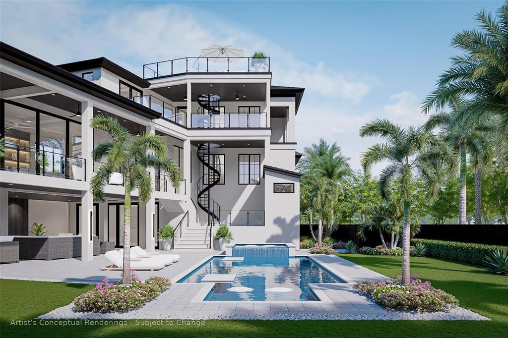 This architectural rendering shows the rear exterior of a multi-story home with a swimming pool — 539 AVENIDA DEL NORTE, SARASOTA, FL