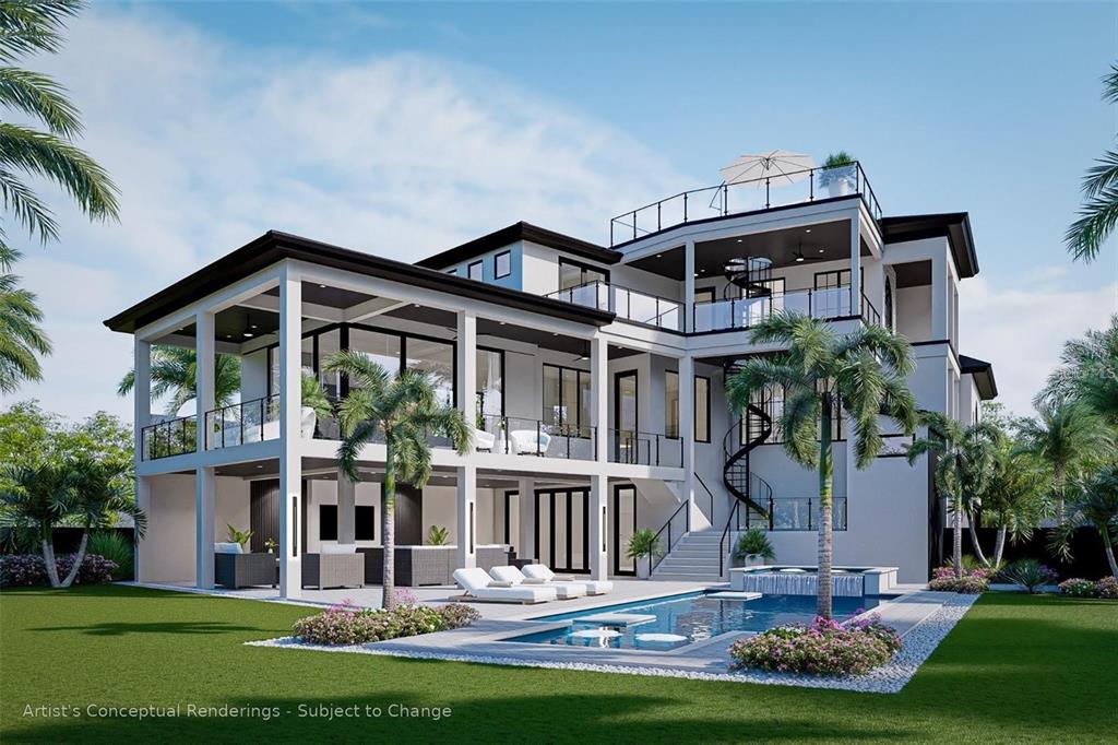 This architectural rendering shows the exterior of a multi-level modern home with a swimming pool — 539 AVENIDA DEL NORTE, SARASOTA, FL