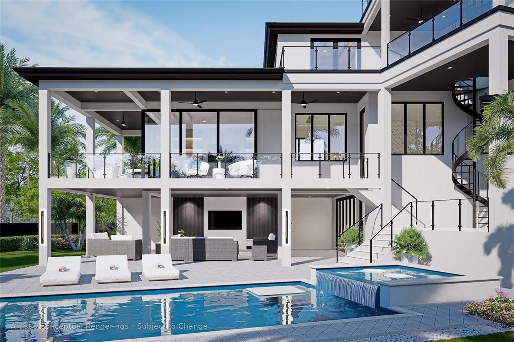 This is an architectural rendering of a modern two-story house exterior with a swimming pool — 539 AVENIDA DEL NORTE, SARASOTA, FL