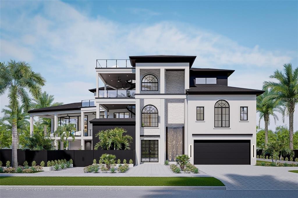 This is an architectural rendering of a modern three-story house with a two-car garage — 539 AVENIDA DEL NORTE, SARASOTA, FL