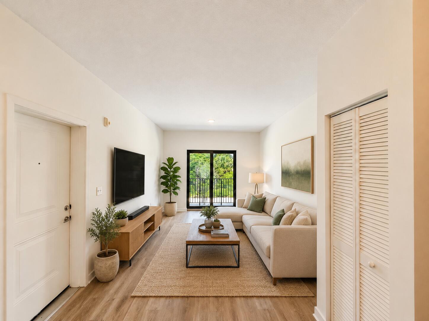 A living room features a sectional sofa, wooden media console, area rug, and balcony access — 4250 Lakewood Road # 204, FL 33461, FL