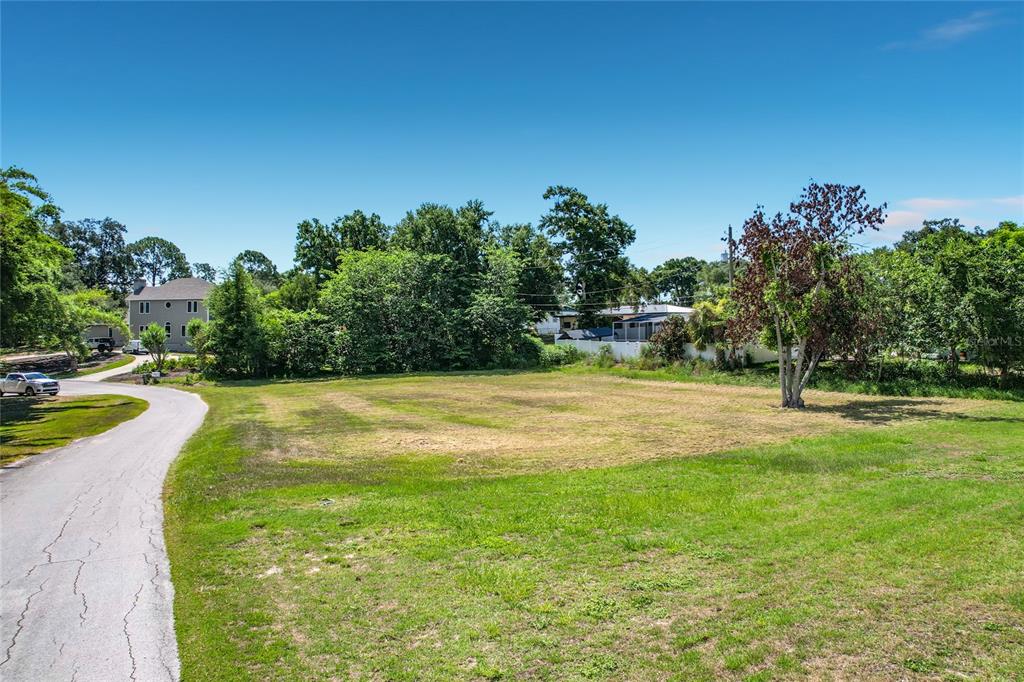 A large, grassy vacant lot is bordered by trees and a paved driveway — BROGDEN COURT SE, WINTER HAVEN, FL