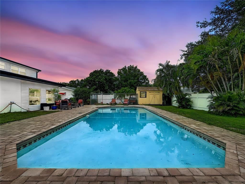 A rectangular swimming pool sits on a paved patio in a backyard at sunset — 8407 QUARTZ PLACE, TAMPA, FL