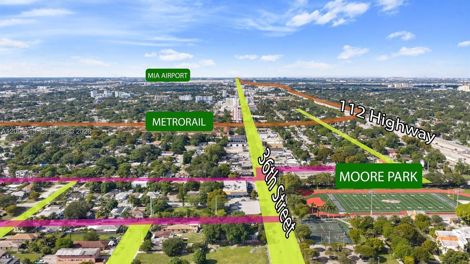 This aerial map shows 36th Street, the 112 Highway, Metrorail tracks, and Moore Park — 796 NW 36th St, Miami FL 33127, MIAMI, FL