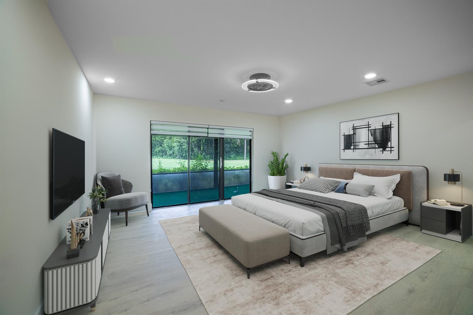 A modern bedroom features a bed, a bench, a television, and sliding doors to a patio — 8008 Eastlake Drive, Boca Raton FL 33433, BOCA RATON, FL