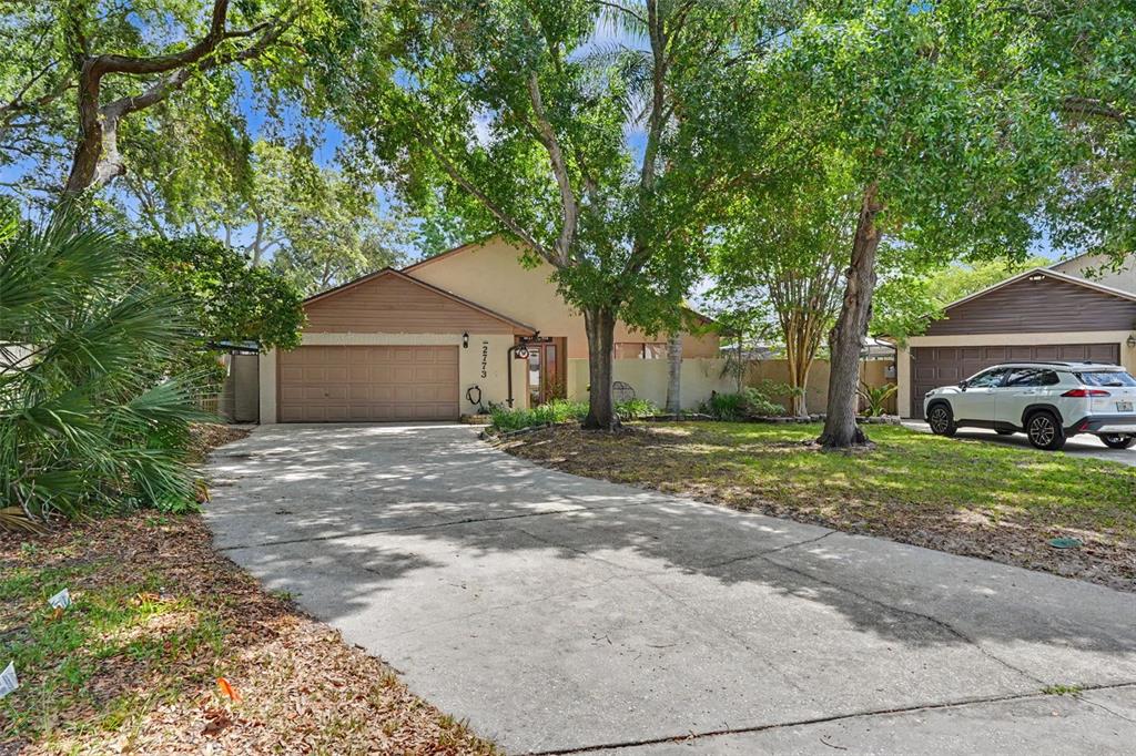 A single-story house with a brown garage, a concrete driveway, and large trees in front — 2773 JEFFREY DRIVE, PALM HARBOR, FL