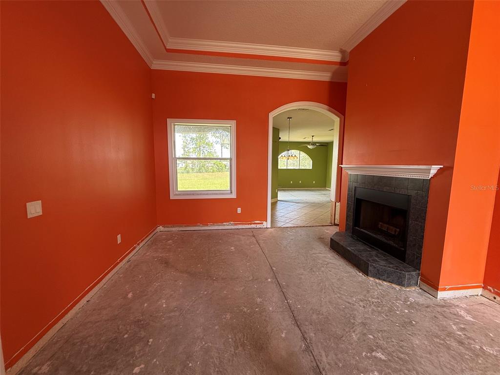An empty room with orange walls, a fireplace, and an arched doorway to another room — 4045 HANGING MOSS LOOP, SPRING HILL, FL