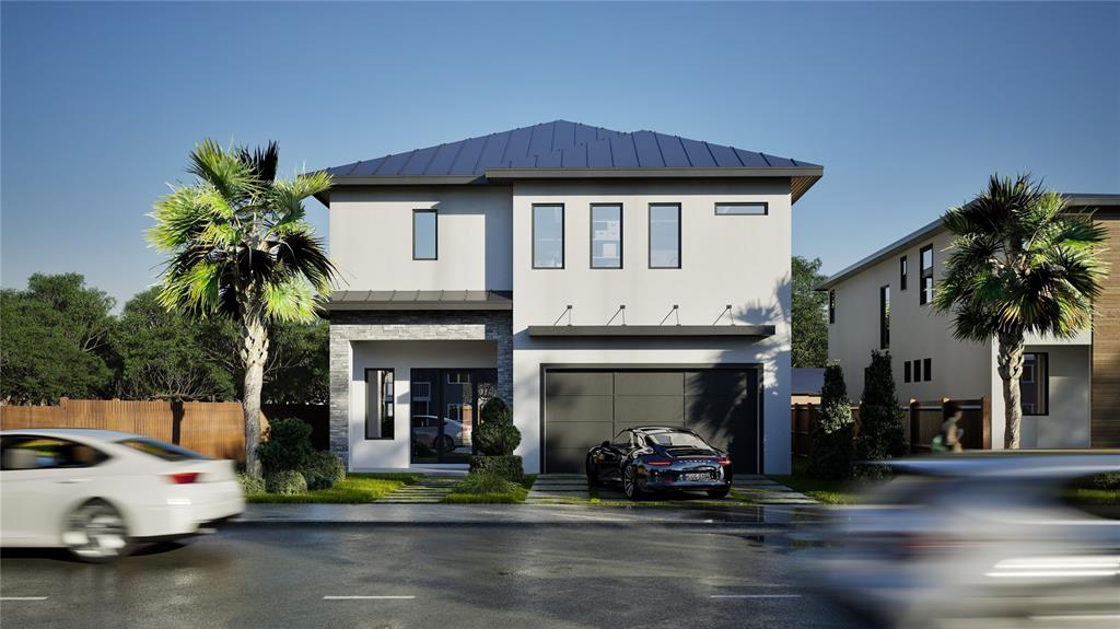 This is a rendering of a modern two-story house with a garage and palm trees — 620 N TUTTLE AVENUE, SARASOTA, FL