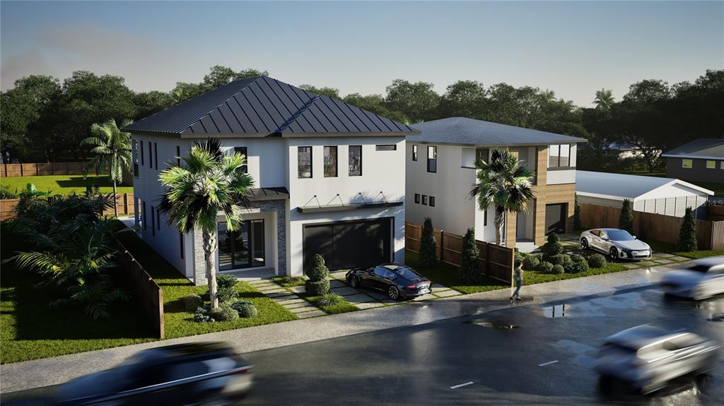 This is a digital rendering of two modern two-story houses with driveways and palm trees — 620 N TUTTLE AVENUE, SARASOTA, FL