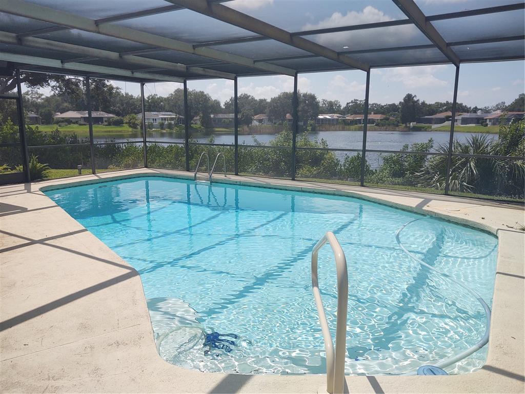 A screened-in swimming pool overlooks a lake with houses in the background — 619 RIVIERA BAY DRIVE NE, ST PETERSBURG, FL