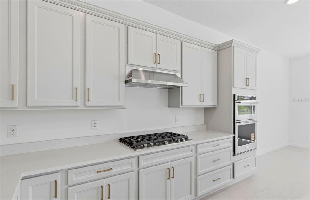 A modern kitchen features light gray cabinets, stainless steel appliances, and white quartz countertops — 7046 DEPUE DRIVE, WESLEY CHAPEL, FL