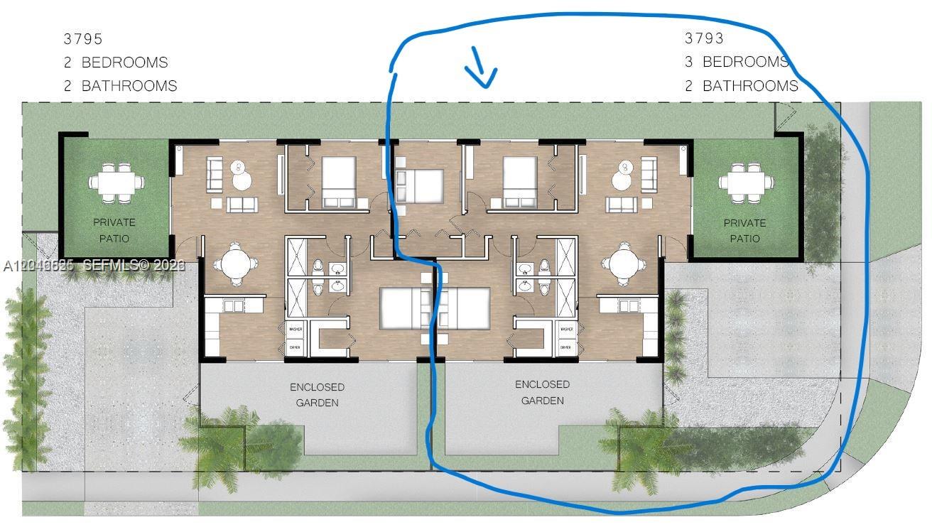 This floor plan shows two adjacent residential units, each featuring bedrooms, bathrooms, and private outdoor spaces — 3793 SW 28th St # 3793, Miami FL 33134, MIAMI, FL