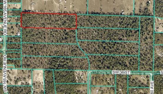 This aerial map shows a rectangular plot of land outlined in red near local roads — 16000 SW 36TH STREET Lot 1, OCALA, FL