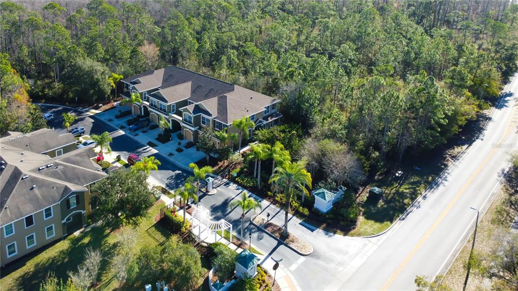 An aerial view shows a gated apartment complex entrance surrounded by dense trees and roads — 12507 SILVERDALE STREET, TAMPA, FL
