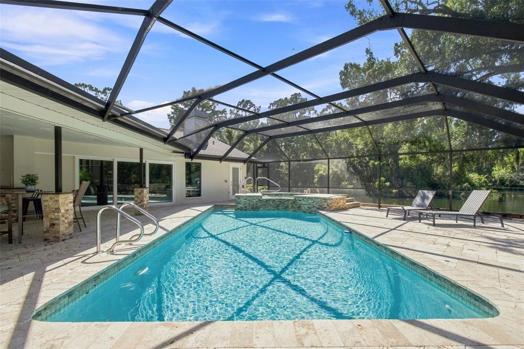 A screened-in swimming pool and spa with a stone patio overlooking a wooded lake — 3126 EDGEMOOR DRIVE, PALM HARBOR, FL