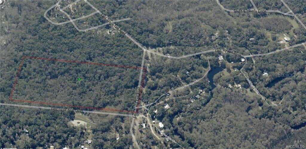 An aerial map shows a rectangular plot of land outlined in red near roads — 12683 E TRAILS END ROAD, FLORAL CITY, FL