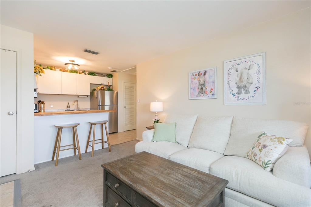 A living room with a white sofa and a kitchen with a breakfast bar — 1400 GANDY BOULEVARD N UNIT 507, ST PETERSBURG, FL