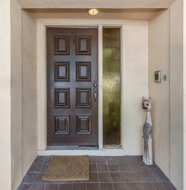 A brown front door with a side window and a decorative cat statue on a porch — 107 COUNTRY VILLAS DRIVE, SAFETY HARBOR, FL