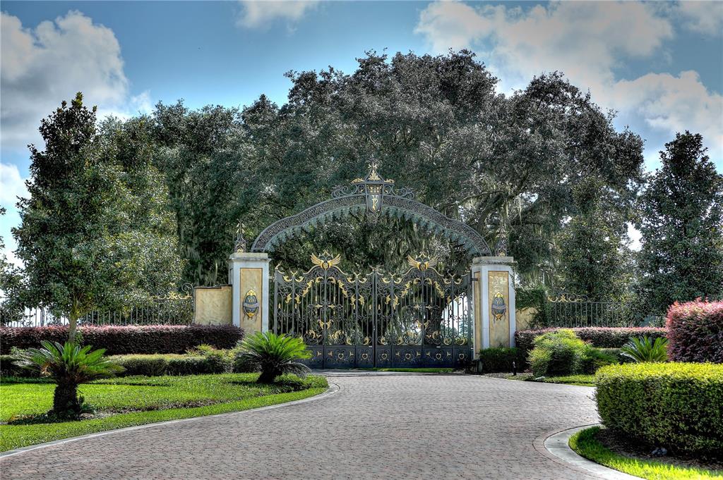 A paved driveway leads to an ornate wrought iron gate flanked by two stone pillars — 0 SE 8TH AVENUE Lot 5, OCALA, FL