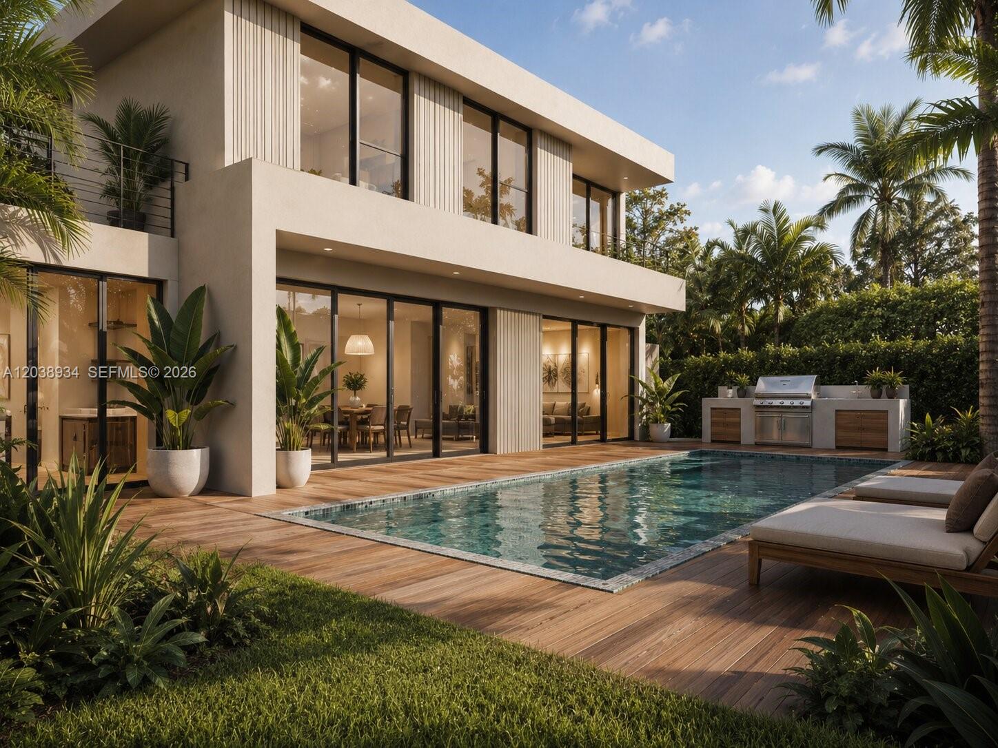 This architectural rendering shows a modern two-story house with a swimming pool and wooden deck — 6238 NW 1st Ave, Miami FL 33150, MIAMI, FL