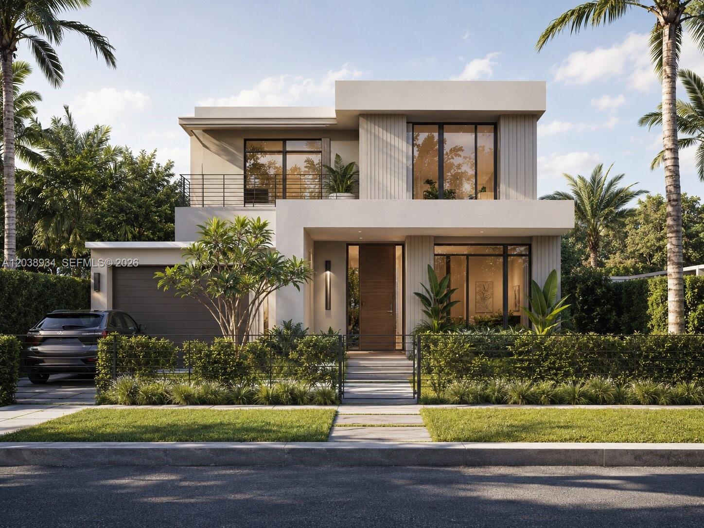 This is a rendering of a modern two-story house with a garage and palm trees — 6238 NW 1st Ave, Miami FL 33150, MIAMI, FL