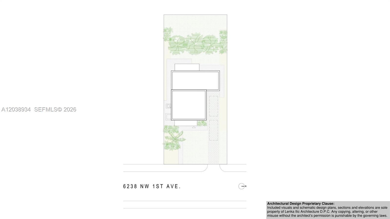 This is a site plan rendering showing a building footprint on a rectangular lot — 6238 NW 1st Ave, Miami FL 33150, MIAMI, FL
