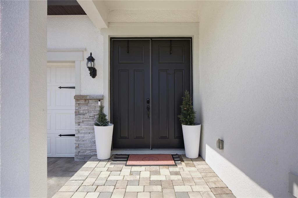 A front entryway features double black doors, white planters, and a stone-accented wall — 13816 SHARP HAWK DRIVE, RIVERVIEW, FL