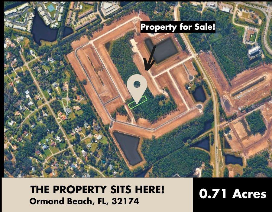 An aerial map shows a highlighted 0.71-acre residential lot within a developing neighborhood — RIDGEHAVEN AVENUE, ORMOND BEACH, FL