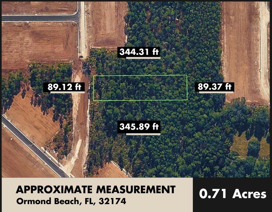 An aerial map shows a rectangular plot of land with dimensions labeled in feet — RIDGEHAVEN AVENUE, ORMOND BEACH, FL