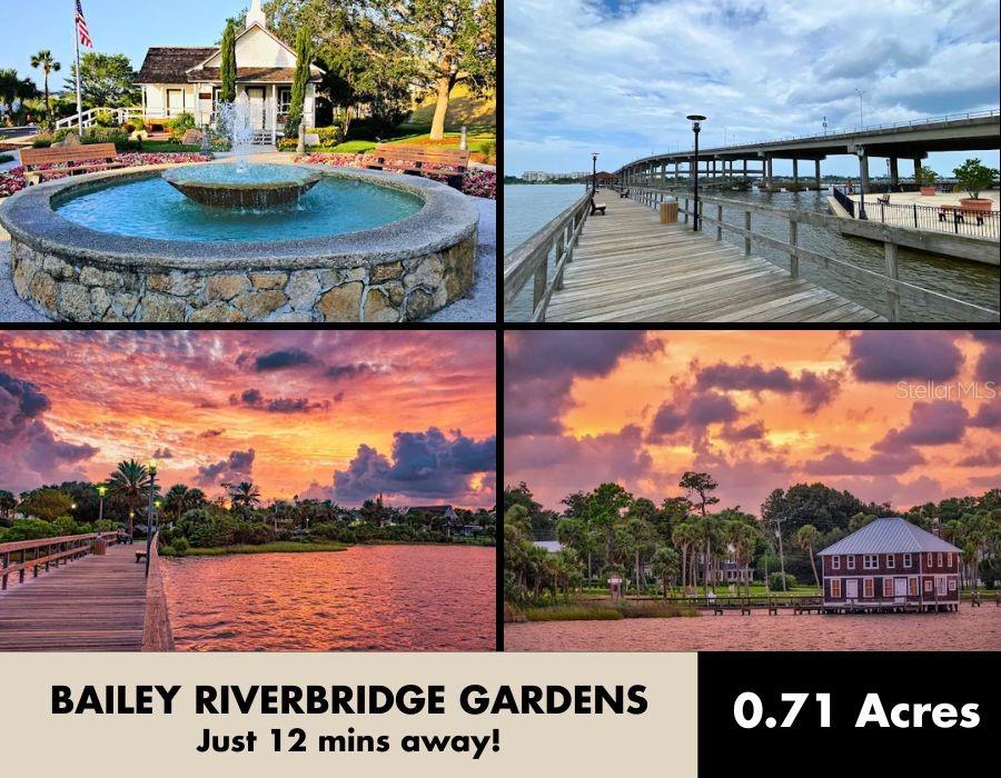 A collage shows a fountain, a wooden pier, and waterfront park views at sunset — RIDGEHAVEN AVENUE, ORMOND BEACH, FL