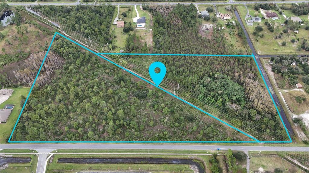 An aerial view shows a large, triangular plot of wooded land outlined in blue — ORTEGA STREET, ORLANDO, FL