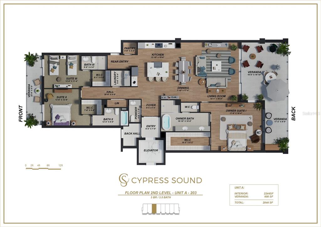 This floor plan shows a three-bedroom, three-and-a-half-bath residential unit with two private verandas — 10009 CRISBERT CT ROAD UNIT 203A, ORLANDO, FL