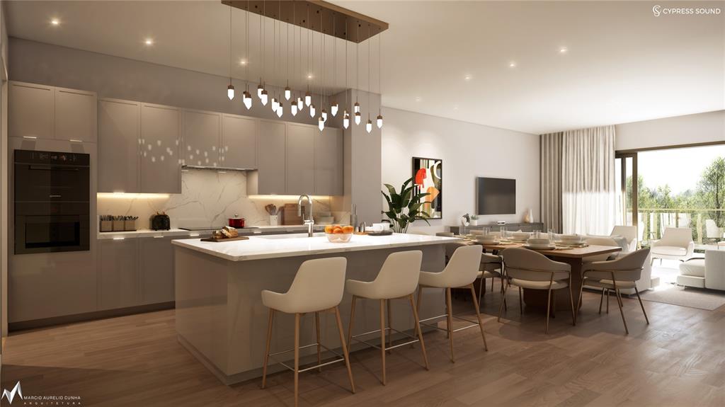 This rendering shows a modern open-concept kitchen and dining area with a marble island — 10009 CRISBERT CT ROAD UNIT 203A, ORLANDO, FL
