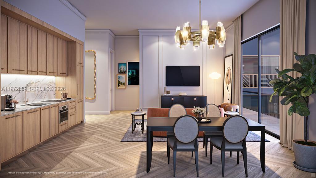 This is a rendering of an open-concept kitchen and dining area with light wood cabinetry — 2700 NW 2nd Ave # 814, Miami FL 33127, MIAMI, FL