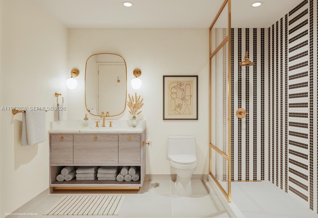 This rendering shows a modern bathroom with a wood vanity, gold fixtures, and striped tiling — 2700 NW 2nd Ave # 814, Miami FL 33127, MIAMI, FL