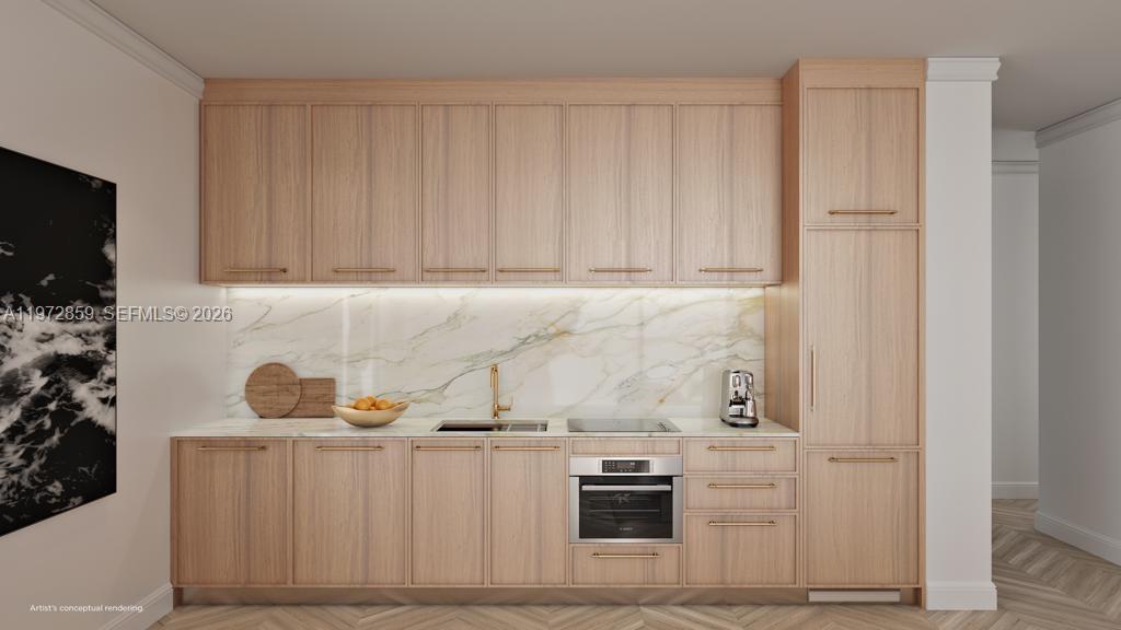 This rendering shows a modern kitchen with light wood cabinets and a marble backsplash — 2700 NW 2nd Ave # 814, Miami FL 33127, MIAMI, FL